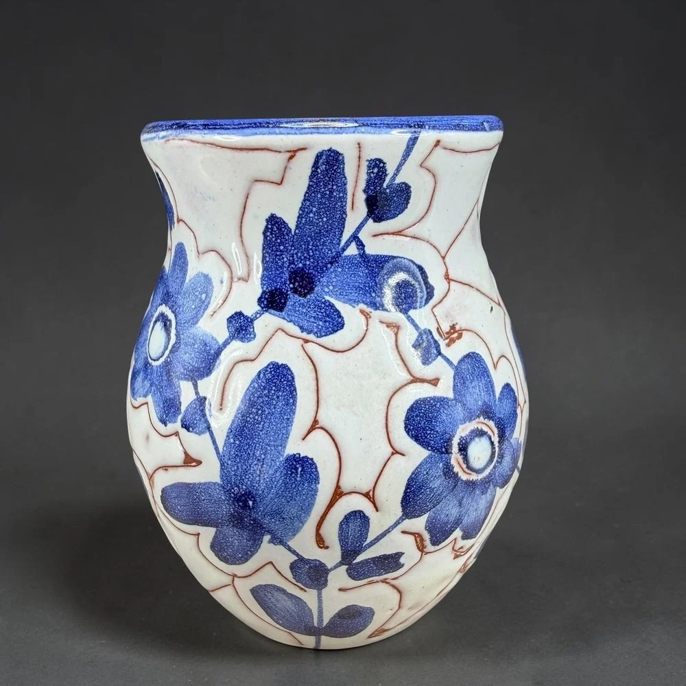 Vintage Made in Norway Blue White Floral‎ Ceramic Bud Vase Hand Painted 3.5 Inch